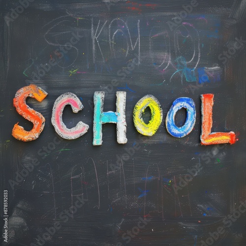 school word written in colorful chalk on a blackboard photo