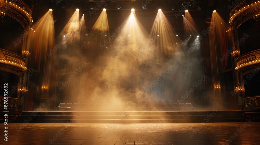 Fototapeta premium Empty Theater Stage Illuminated by Spotlights and Smoke - Dramatic Atmosphere of Anticipation Before Performance with Curtain Wall