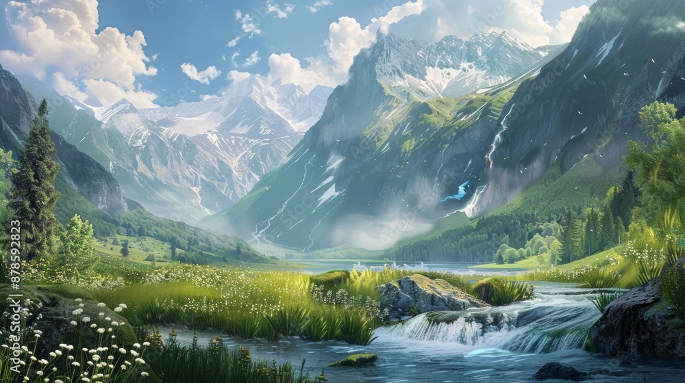 Serene Mountain Landscape with a Waterfall Serene Mountain Landscape with a Waterfall