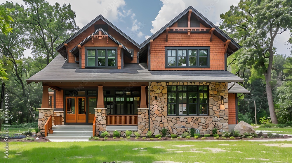 Newly constructed Craftsman style home in warm terracotta with stone details, set in a quiet neighborhood near a park Newly constructed Craftsman style home in warm terracotta with stone details, set in a quiet neighborhood near a park