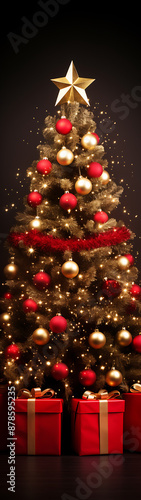 Christmas tree red gold festive winter holiday magic.
