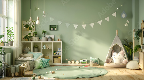 Sage green nursery playroom interior design pastel colors calm peaceful atmosphere
