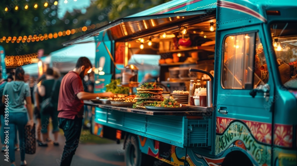 Food truck serving gourmet street food at a night market Food truck serving gourmet street food at a night market