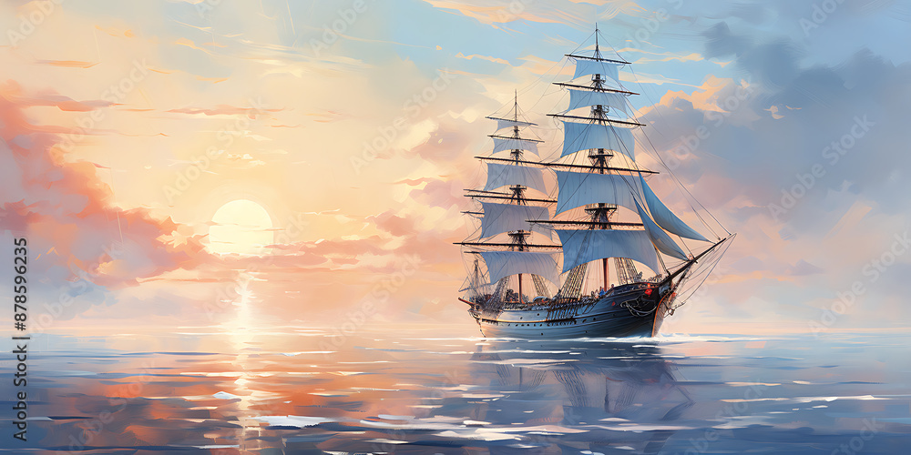 Fototapeta premium A majestic sailboat with white sails and a dark hull, against a backdrop of a vibrant sunset, evokes a sense of adventure and freedom. 