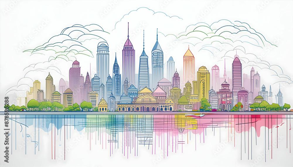 Fototapeta premium Abstract Thin stripe cityscape of collection color ink on white paper on Generative AI.