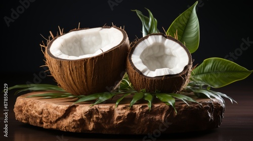 Coconut Halves on Wooden Platform with Leaves