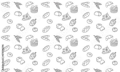 Bakery seamless pattern, food vector background of black white color. Confectionery products thin line icons - cake, croissant, muffin, pastry, cupcake, pie. Cute repeated illustration for sweet shop.