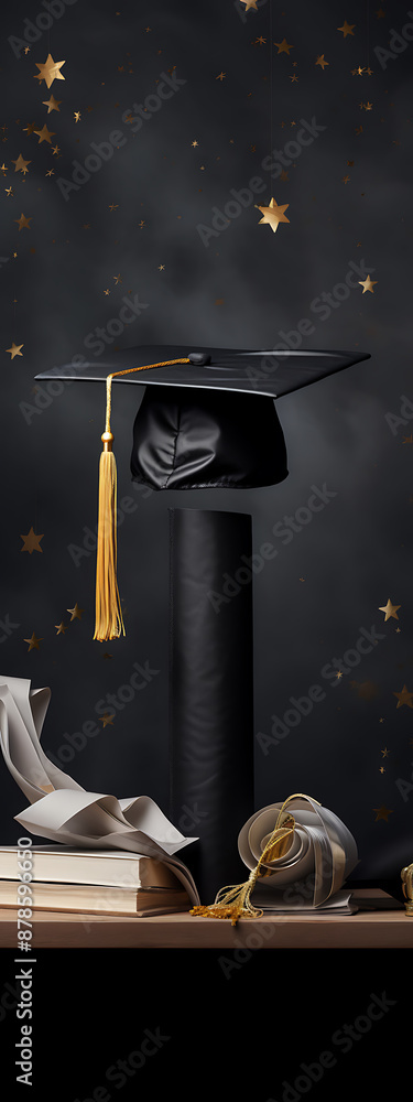 Black graduation cap and gold tassel, against a dark background with ...