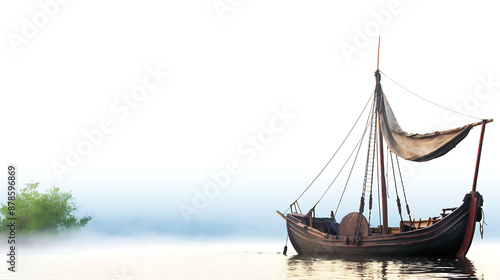 A wooden sailboat with a brown sail on a misty lake, perfect for a peaceful and serene travel concept. 