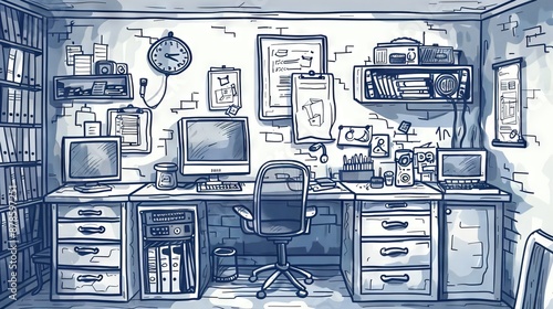 A messy office with a computer, a clock, and some papers on the desk.