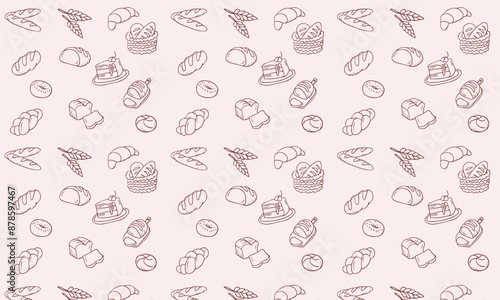 Bakery seamless pattern, food vector background of black white color. Confectionery products thin line icons - cake, croissant, muffin, pastry, cupcake, pie. Cute repeated illustration for sweet shop.