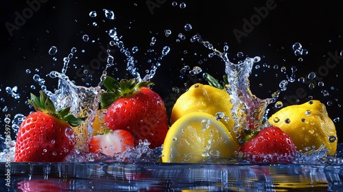 Splashing Strawberries and Lemons in Water.
