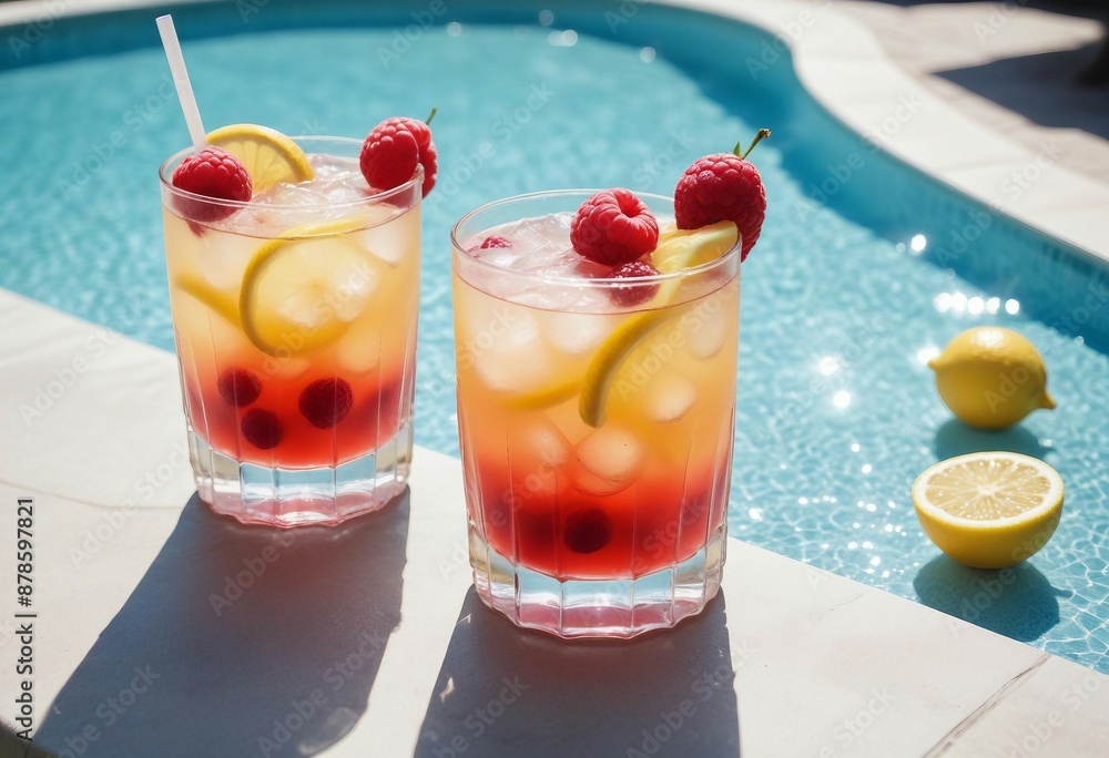 Spring or summer refreshing cold cocktail with berries and lemon, raspberry lemonade. near the pool Spring or summer refreshing cold cocktail with berries and lemon, raspberry lemonade. near the pool