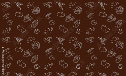 Bakery seamless pattern, food vector background of black white color. Confectionery products thin line icons - cake, croissant, muffin, pastry, cupcake, pie. Cute repeated illustration for sweet shop.