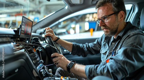 The engineer is calibrating sensors for autonomous vehicles.