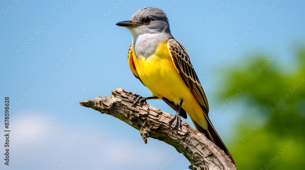 Obraz premium A yellow and grey bird perched on a branch against a blue sky, perfect for nature, wildlife, and spring themes. 