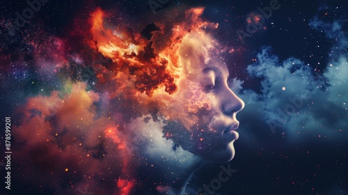 Human mind abstract space science head background. Brain face sky idea universe thought psychology, with copy space