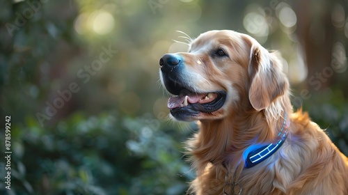 Smart collar on a Golden retriever, showing a holographic digital x-ray display photo