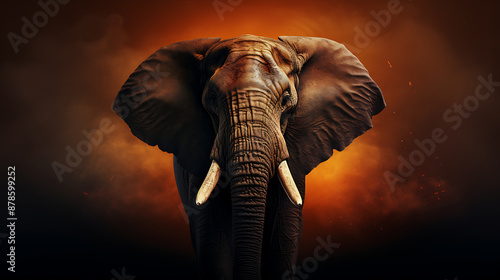 A powerful grey elephant with large ivory tusks stands against a fiery orange and black background, evoking a sense of strength and wildness. 

