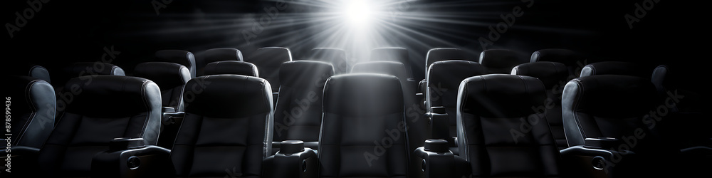 Fototapeta premium Black leather seats in a dark movie theater with a bright spotlight, evoking anticipation and excitement for the upcoming film. 