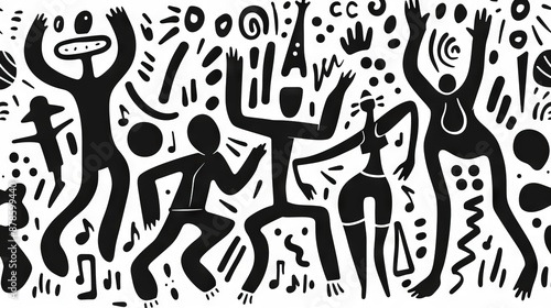 Black and white dancing cartoon characters with musical notes.