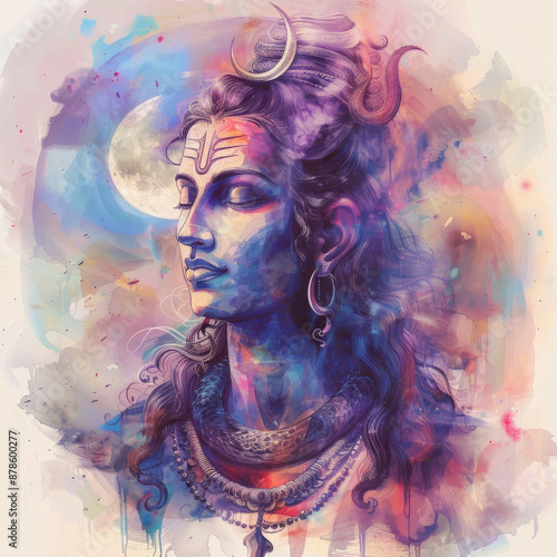 Watercolor illustration of lord shiva portrait for sawan shivratri.