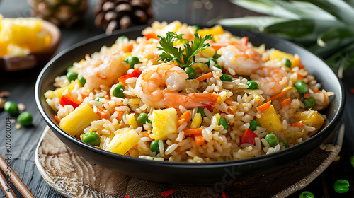 Appetizing shrimp fried rice with pineapple and vegetables, a delicious and colorful Asian cuisine. 
