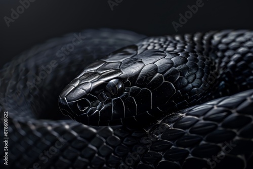 A highly realistic black-skinned Iberian snake with a curled body and a dark green backdrop.