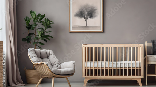 A modern nursery with a wooden crib and a grey armchair, perfect for a new baby. 
