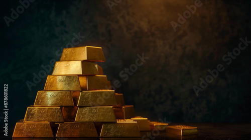 A stack of gold bars is shown in a close up. The bars are stacked on top of each other, creating a pyramid shape. The bars are shiny and golden, giving the impression of wealth and luxury photo