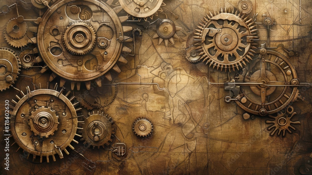 Fototapeta premium Intricate Vintage Gears and Mechanical Parts Illustration with Sepia Tone for Engineering Design and Print