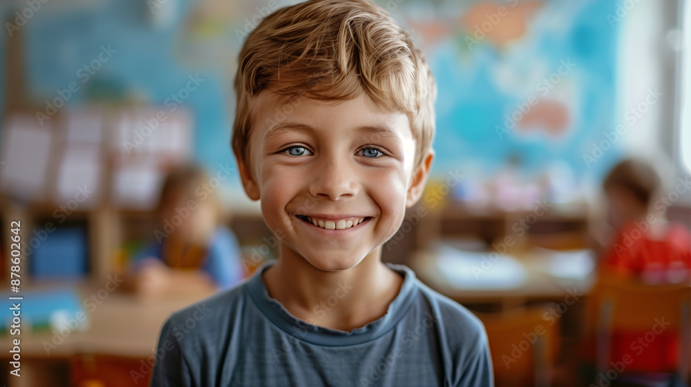A boy with short hair is smiling at the camera. He is in a classroom with other children A boy with short hair is smiling at the camera. He is in a classroom with other children