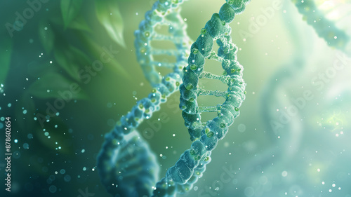 Abstract Depiction of DNA Strands with Light Blue and Green Bubbles