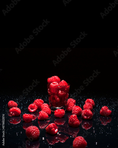 Shot Glass Overflowing with Raspberries on Black Background