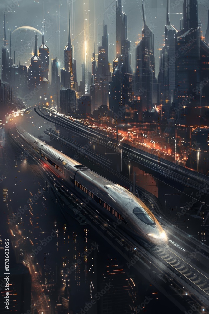 High-Speed Bullet Train Gliding Through Industrial Cityscape at Night - Futuristic Urban Transportation High-Speed Bullet Train Gliding Through Industrial Cityscape at Night - Futuristic Urban Transportation