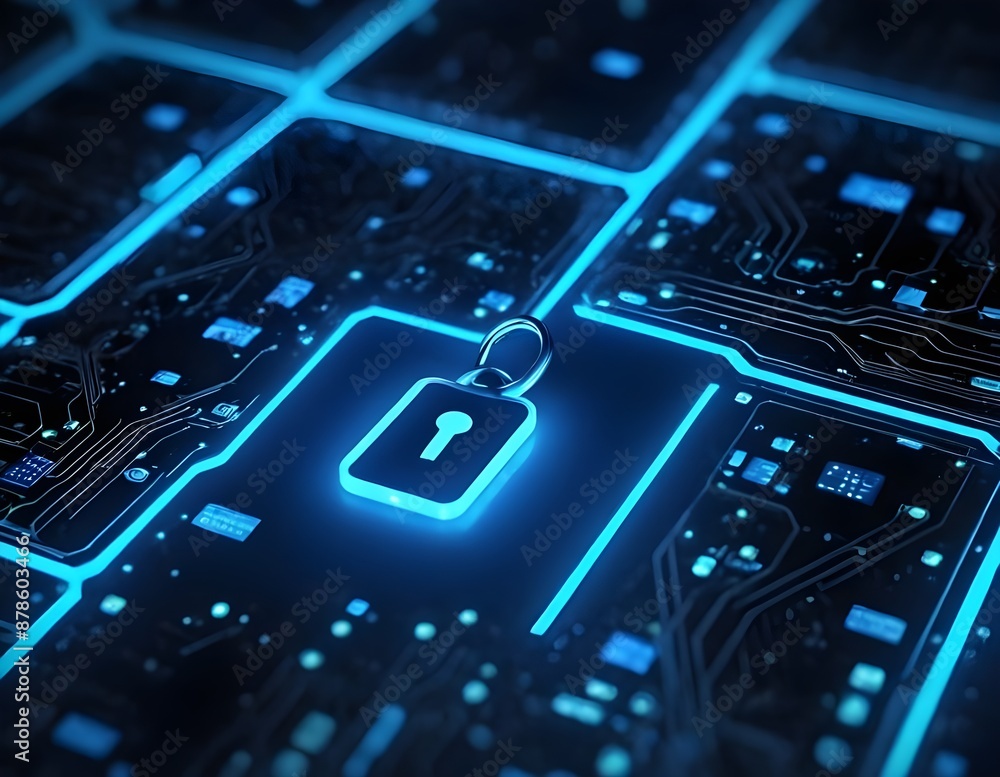 Glowing blue Digital Key On Circuit Board, importance of cybersecurity in digital age Secure access Glowing blue Digital Key On Circuit Board, importance of cybersecurity in digital age Secure access