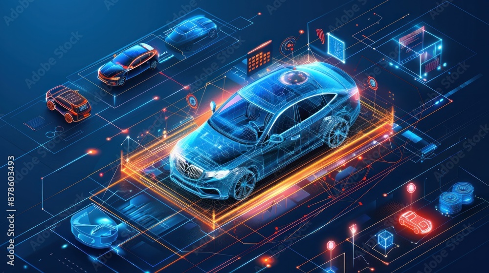 Smart city or smart isometric vector concept Smart car control concept Concept car with Smart city or smart isometric vector concept Smart car control concept Concept car with