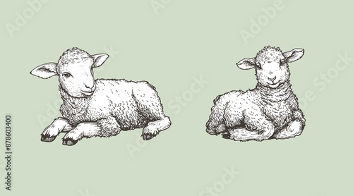 Hand drawn sketch lambs set. Farm animals vintage woodcut engraving style. Vector illustrations collection.