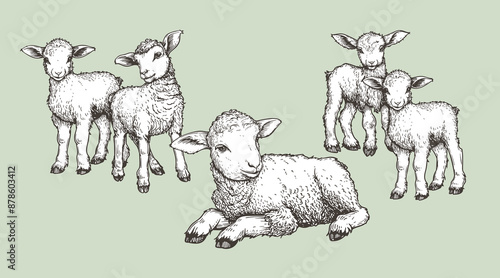 Hand drawn sketch lambs set. Farm animals vintage woodcut engraving style. Vector illustrations collection.