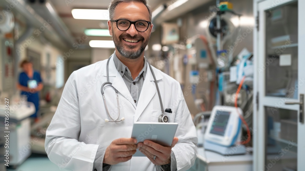 Smiling doctor standing with tablet pc in hospital Smiling doctor standing with tablet pc in hospital
