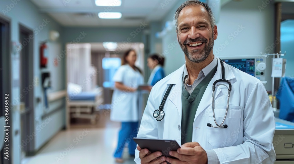 Smiling doctor standing with tablet pc in hospital Smiling doctor standing with tablet pc in hospital