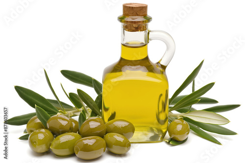 Bottle of olive oil with olive leaves and olives on white photo