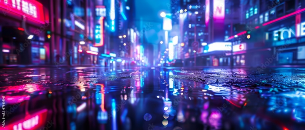 neon mega city with light reflection from puddles on street heading toward buildings. Concept for night life, business distric neon mega city with light reflection from puddles on street heading toward buildings. Concept for night life, business distric