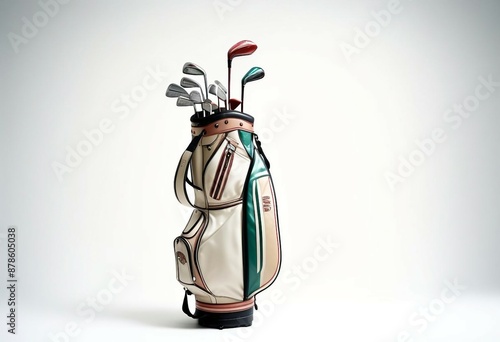 professional golf bag and clubs, isolated white background
