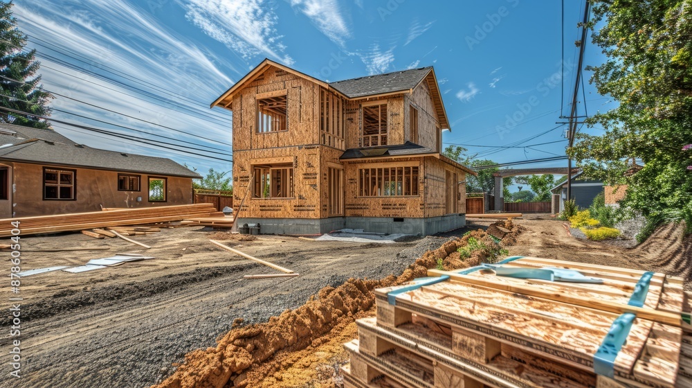New house under construction with blue sky background New house under construction with blue sky background