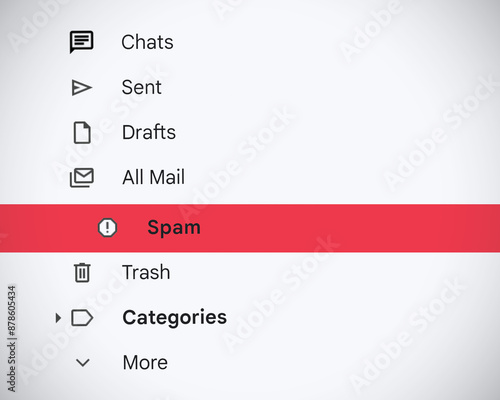 spam email concept, focus on red spam menu email on white background