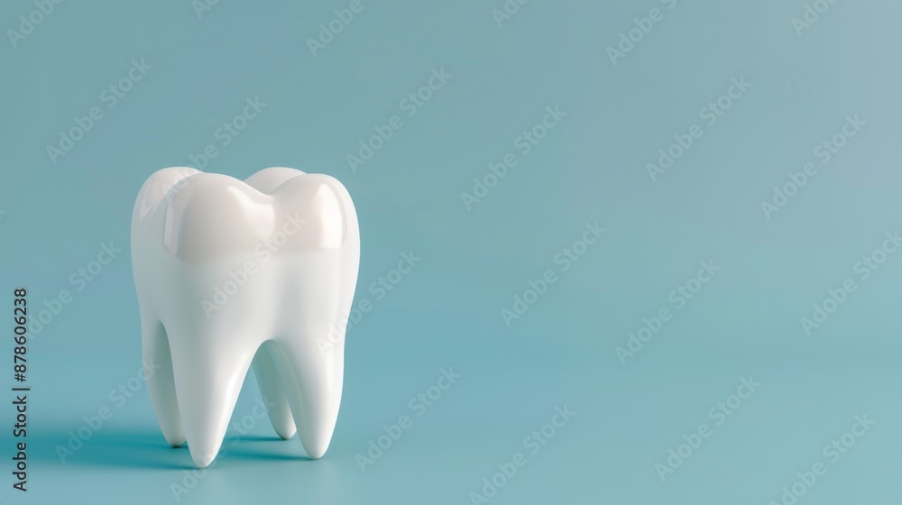 Pastel blue postcard with a white fake tooth, concept of dentistry, dental care and international dentist day celebration Pastel blue postcard with a white fake tooth, concept of dentistry, dental care and international dentist day celebration