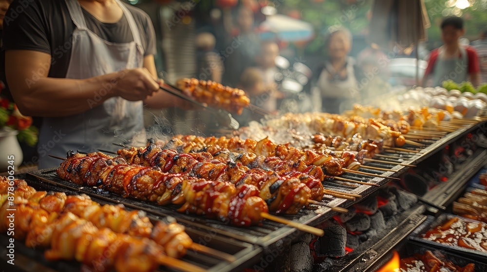 Families gathered for a festive parade, vibrant floats passing by, while nearby grills sizzle with delicious food for a grand reunion picnic Families gathered for a festive parade, vibrant floats passing by, while nearby grills sizzle with delicious food for a grand reunion picnic