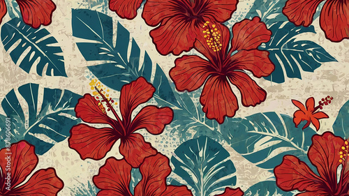 Grunge style hibiscus seamless abstract vector background