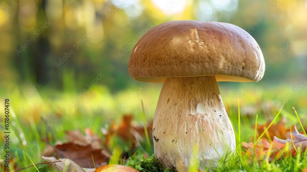 One Boletus mushroom close up commonly known as summer cep. Blurred green background with copy space One Boletus mushroom close up commonly known as summer cep. Blurred green background with copy space